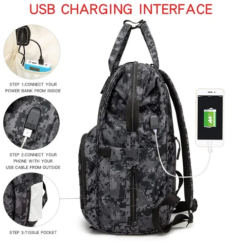Miniatura 3 de Mochila para pañales con puerto de carga USB, correas para cochecito y bolsillo aislado, mochila militar del ejército de viaje para papá/mamá negro