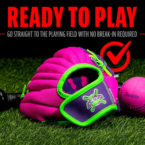 Miniatura 6 de Guante de béisbol Franklin Sports Air Tech con pelota - Béisbol para niños - Espuma Air Tech suave Rosado/Púrpura