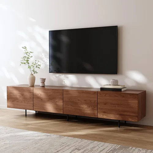 Miniatura 10 de Soporte de TV moderno de mediados de siglo, consola negra de 94.5 pulgadas para televisores de 65 a 85 pulgadas, 4 puertas de gabinete con 6