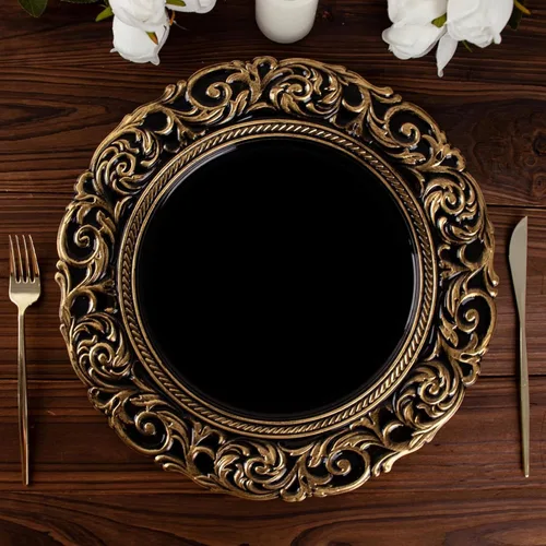 Miniatura 8 de Efavormart juego de 6 platos de plástico redondos de 35.56 cm, negro/dorado con diseño barroco grabado en el borde para eventos de boda y fiesta