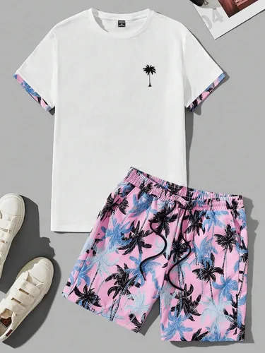 Miniatura 64 de GORGLITTER Conjunto de 2 piezas de camiseta gráfica de manga corta para hombre, estampado hawaiano con cordón y pantalones cortos