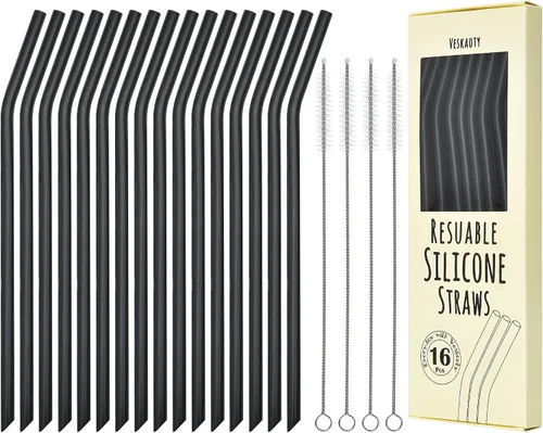 Pajitas reutilizables de silicona negra, 16 popotes flexibles largos con 4 cepillos de limpieza para vasos Yeti/Rtic/Ozark de 20 y 30 onzas, sin