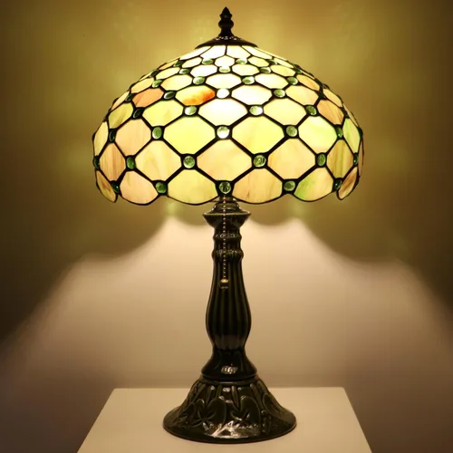 Miniatura 9 de Tiffany Lamp Stained Glass Table Lamps Amber Green Pearl Style Desk Lamp12X12X18.5 Inch Bronze Ceramic Base Reading Light Suitable for Bedside