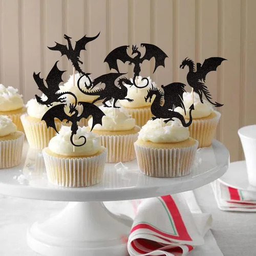 Miniatura 6 de Paquete de 24 adornos para cupcakes de dragón con purpurina de fantasía, para cumpleaños, temática de dragón volador, baby shower, fiesta