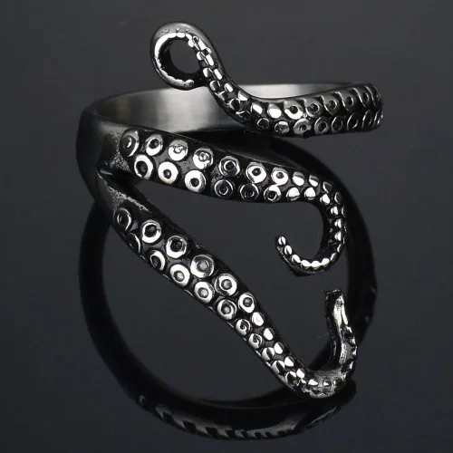 Miniatura 2 de Weelovee Anillo de pulpo antiguo punk de acero de titanio 316L para hombre y mujer, tamaño ajustable, diseño de joyería, unisex, plateado, Metal