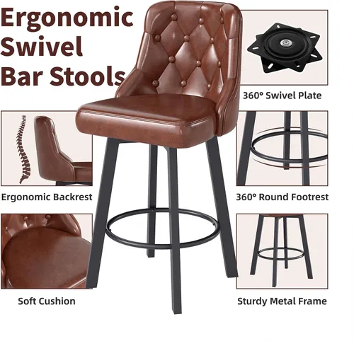Miniatura 5 de Youhauchair Juego de 4 taburetes de bar, de 26 pulgadas, modernos taburetes de bar con respaldo, reposapiés y patas de metal, silla de bar tapizada