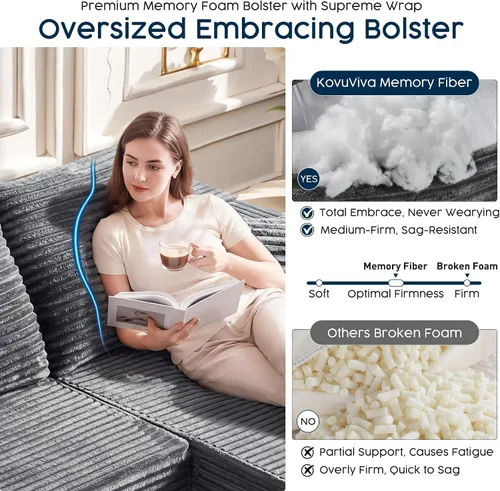 Miniatura 8 de Sofá modular gris con diván en forma de L de 108 pulgadas, sofá de pana de asiento profundo, tela de felpa similar a una nube, sofás para sala