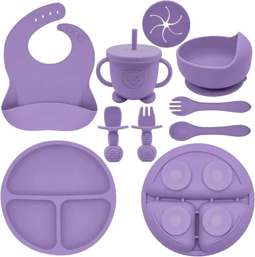 Miniatura 10 de Juego de Alimentación de Silicona para Bebés Suministros de Destete Dirigido por el Bebé Incluye Tazones con Ventosa y Platos Divididos, Babero