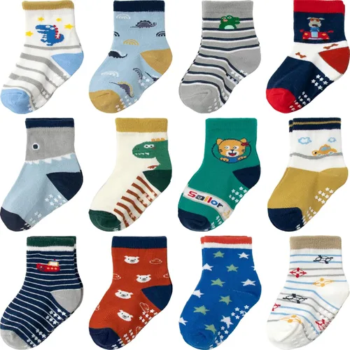Miniatura 38 de Calcetines antideslizantes con agarre para tobillos, paquete de 12 unidades para niños pequeños, niños y niñas, lindos calcetines de algodón