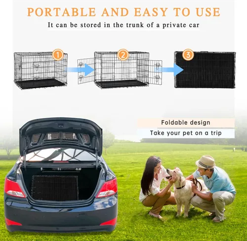 Miniatura 3 de Dopinmin Jaula grande para perros de 42 pulgadas, jaula de doble puerta para mascotas, jaula plegable de alambre de metal con panel divisor, bandeja