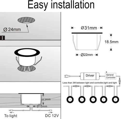 Miniatura 9 de Kit de luces LED para cubierta FVTLED, 10 piezas Φ1.22 WiFi Smart Phone Control de bajo voltaje empotrable RGBW para iluminación de cubierta Rgbw