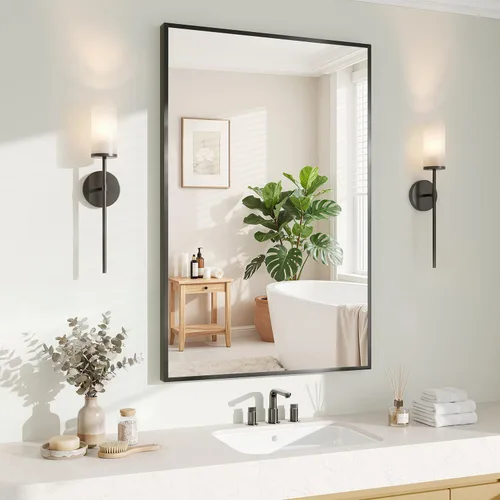 Koonmi Espejo de pared rectangular negro, espejo de baño de 20 x 30 pulgadas, espejo de tocador con marco de aluminio para entrada, sala de estar,