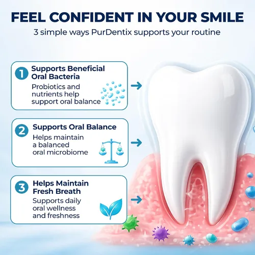 Miniatura 6 de PurDentix Probiótico para la salud oral, fórmula de 4 cepas para encías, dientes y aliento fresco saludables, 30 tabletas masticables