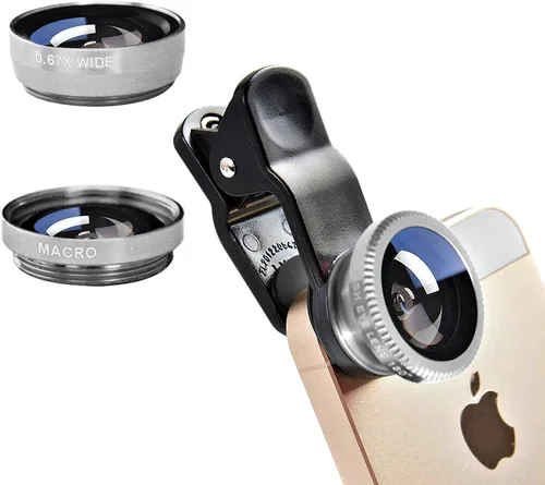 Miniatura 7 de Kit de lentes para cámara de celular 3 en 1, gran angular, macro, ojo de pez, universal para teléfonos inteligentes iPhone, Samsung, Android (Oro)
