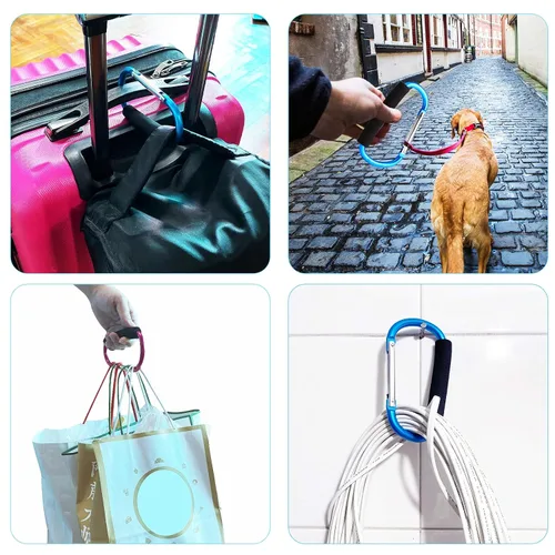 Miniatura 4 de Paquete de 4 mosquetones grandes de 5.5 pulgadas estilo D para bolsa de transporte (azul claro y rojo rosa)