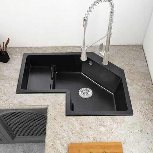 LOVEDIMA Fregadero de cocina de esquina negro de 32 pulgadas, fregadero izquierdo irregular de cuarzo de un solo tazón con tubo de drenaje y