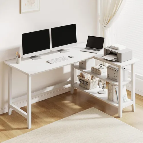 Miniatura 11 de IOTXY Reversible L-Shaped Office Desk - 53" Modern Corner Computer Table with Storage Shelves, Solid Wood Legs, Home Writing & Study Workstation