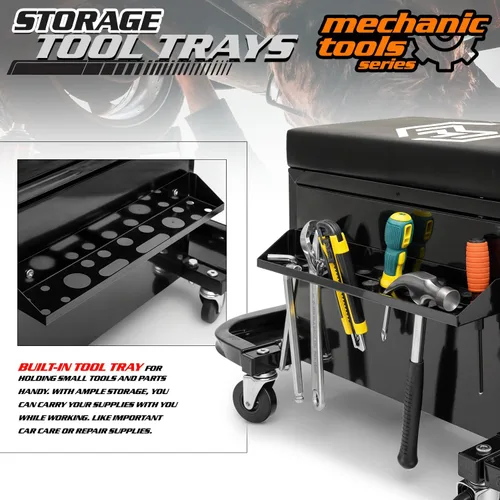 Miniatura 4 de M-AUTO Taburete Mecánico Rodante Taburete de Caja de Herramientas de Garaje Asiento de Cofre de Herramientas con Ruedas, Capacidad de 350 LBS