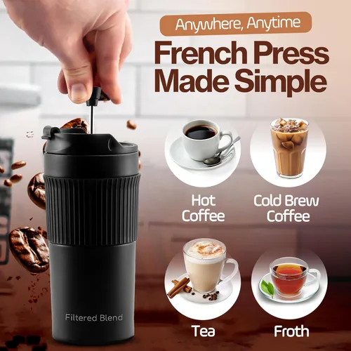 Miniatura 6 de Cafetera y tetera de prensa francesa aislada de acero inoxidable de doble pared de 15 onzas - Té portátil para acampar, taza de café y vaso (blanco)