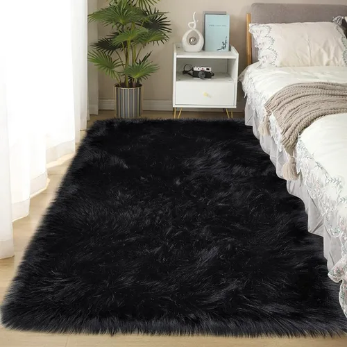 Miniatura 9 de Alfombra negra de piel sintética, 2 x 3 pies, para dormitorio, niños, dormitorio, sofá, decoración del hogar, lavable, esponjosa, manta pequeña
