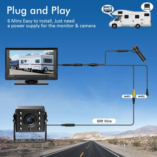 Miniatura 3 de Cámara de respaldo RV Plug and Play, cámara de respaldo de 7 pulgadas para remolque de camión, sin demora, 1080P HD, 2 canales, gran angular