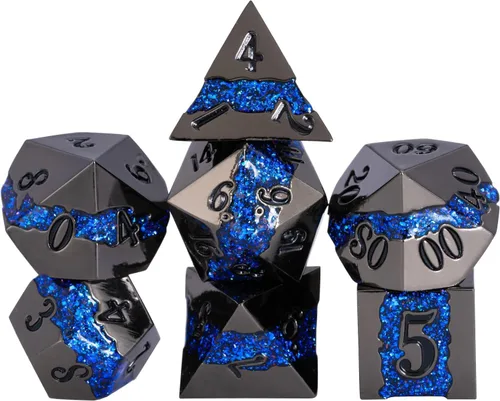 Miniatura 11 de Dados poliédricos DND de metal, juego de dados metálicos con purpurina a rayas grandes, juego de 7 dados plateados antiguos para juegos de rol
