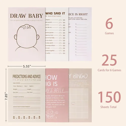 Miniatura 4 de Juego de 150 tarjetas de juegos de baby shower, 6 juegos divertidos que incluyen bingo, Don't Say Baby, Price is Right y más, perfecto para hasta 25