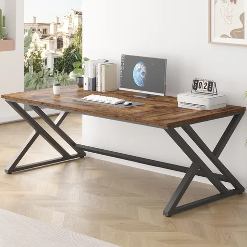 Miniatura 3 de LVB 78.7" Escritorio para computadora, escritorio industrial extra largo de madera para oficina en casa, escritorio grande rústico moderno de metal