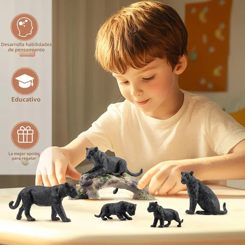Miniatura 7 de Toymany 7 Piezas Figuras de Panteras Negras con Cachorro de Pantera y Tronco de Árbol, Figuras Realistas de Animales de la Selva Juego Familiar