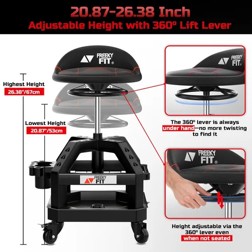 Miniatura 5 de Rolling Shop Taburete para garaje con ruedas, DO02 - Asiento giratorio de 360° de altura ajustable con almacenamiento de bandeja de herramientas