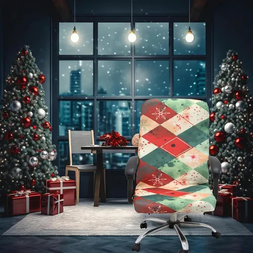 Miniatura 5 de Funda para silla de oficina de Navidad, color verde, alce impreso, piña, árbol de Navidad, copo de nieve, cascabel, funda elástica para silla