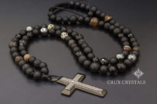 Miniatura 4 de Mens Cross Pendant Beads Necklace Gemstone Natural Stone Necklace Onyx Beaded Necklace Rosary Prayer Necklace Crux Crystals Mens Religious Jewelry