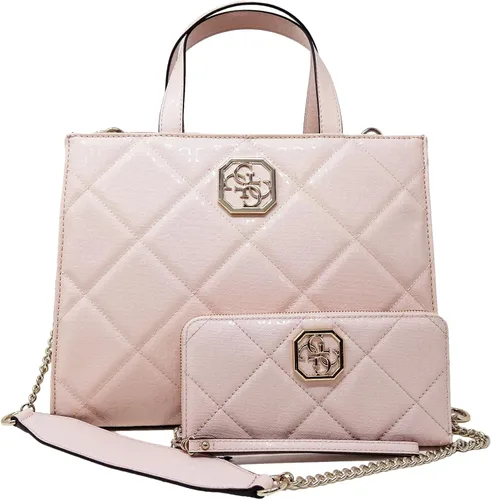GUESS Logo de las mujeres patente acolchado bolso de mano de lujo y cartera conjunto - rosa claro, Rosado
