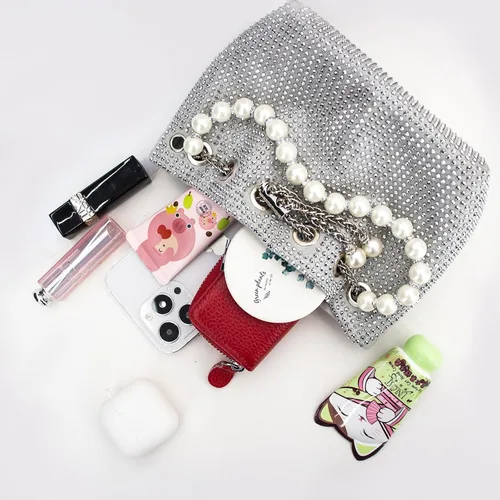 Miniatura 3 de Bolso de mano con diamantes de imitación plateados, brillante y delicado, bolso de noche de diamantes de imitación plateado de lujo, ligero