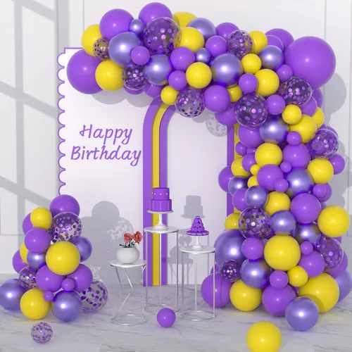 Kit de arco de guirnalda de globos morados y amarillos, 122 globos de confeti amarillo lavanda metálico morado para cumpleaños, boda, aniversario,