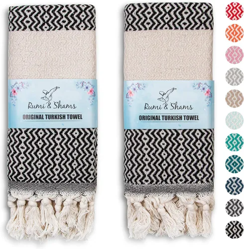RUMI & SHAMS - Toalla de mano turca para baño y cocina - 2 toallas de mano decorativas de lujo para baño - Toallas rústicas de cocina de 100 %