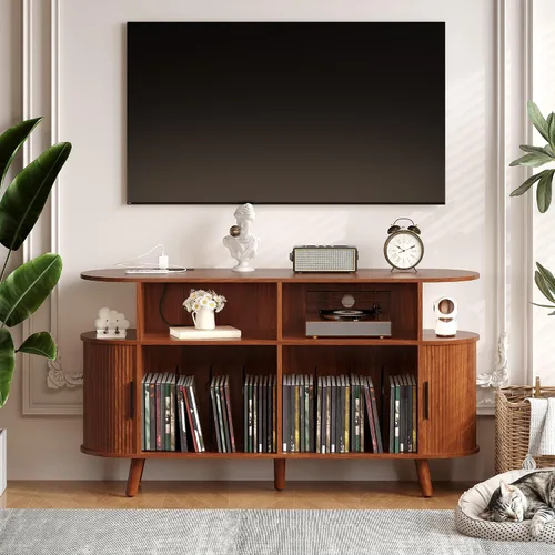 Miniatura 3 de GarveeHome Soporte redondo grande para tocadiscos de 55 pulgadas con estación de carga y puertos USB, soporte para tocadiscos de vinilo rústico