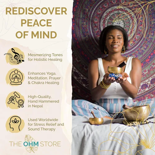 Miniatura 5 de Juego de cuencos tibetanos hechos a mano, cuenco de sonido de 5 pulgadas para meditación, curación de sonido y yoga, instrumento de curación