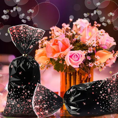 Miniatura 4 de 100 bolsas de celofán de color negro y oro rosa de 10.8 x 5 pulgadas, bolsas de plástico para fiestas, bolsas de dulces con 100 lazos dorados