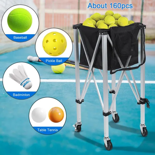 Miniatura 6 de Anvazise Tolva de pelota de tenis con capacidad para 160 bolas, cesta plegable para pelotas de tenis con ruedas y bolsillos laterales extraíbles