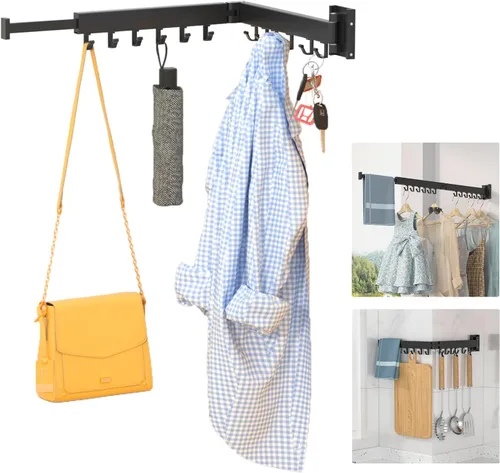Miniatura 8 de BESTHLS Estante de secado de ropa montado en la pared para ahorrar espacio, diseño para balcón, vestíbulo, dormitorio plegable (2 polos negro)