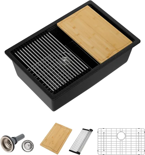 Miniatura 17 de Dcolora Fregadero de Barra de Composite de Cuarzo de 22 Pulgadas Negro Bajo Encimera Pequeño Fregadero de Cocina de Composite de Granito Prep RV