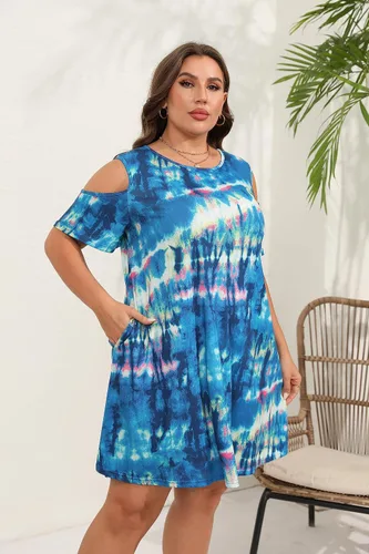 Miniatura 11 de Hbeyyto - Vestido informal de manga corta con hombros descubiertos para mujer, holgado y con bolsillos, talla grande