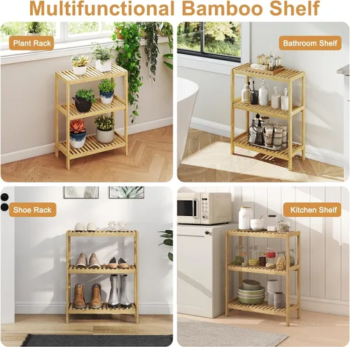Miniatura 6 de kinbor Estante de bambú multifuncional para baño, cocina, sala de estar, soporte para plantas y flores, estante de almacenamiento (3 niveles)