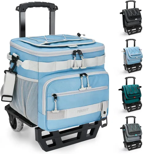 TOURIT Conservadora plegable para 48 latas, con aislamiento, a prueba de fugas, con carro de ruedas de todo terreno, con accesorios mejorados y Azul