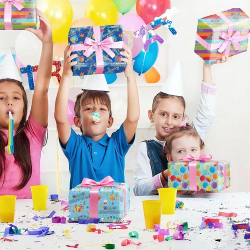 Miniatura 5 de PlandRichW Papel de regalo de cumpleaños, 4 divertidos diseños de fiesta, globos, arcoíris, cupcakes, confeti, plegado de 20 x 29 pulgadas, 12