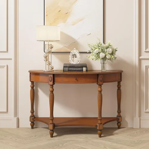 Miniatura 2 de Mesa de entrada de madera maciza con cajón, mesa de sofá semicírculo con estante de almacenamiento, tallas laterales de media luna, elegante mesa