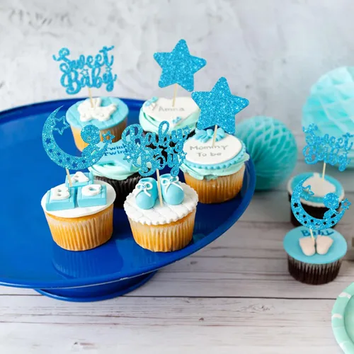 Miniatura 9 de Gyufise 24 piezas de adornos azules para cupcakes para bebé, con purpurina azul, estrellas, luna, dulce baby shower, niño, cupcakes para baby