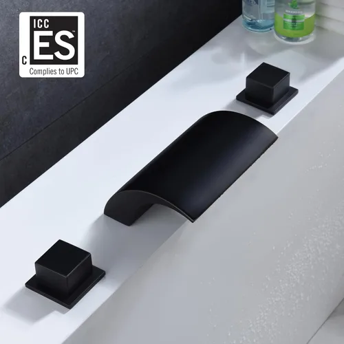 Miniatura 2 de Grifo de bañera romana para montaje en cubierta, color negro mate, grifo de bañera de cascada de flujo extra alto, SUMERAIN