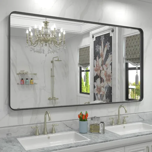 Miniatura 73 de Paquete de 2 espejos de baño con marco de metal negro de 22 x 30 pulgadas, espejo rectangular redondeado negro mate, antioxidante, se cuelga